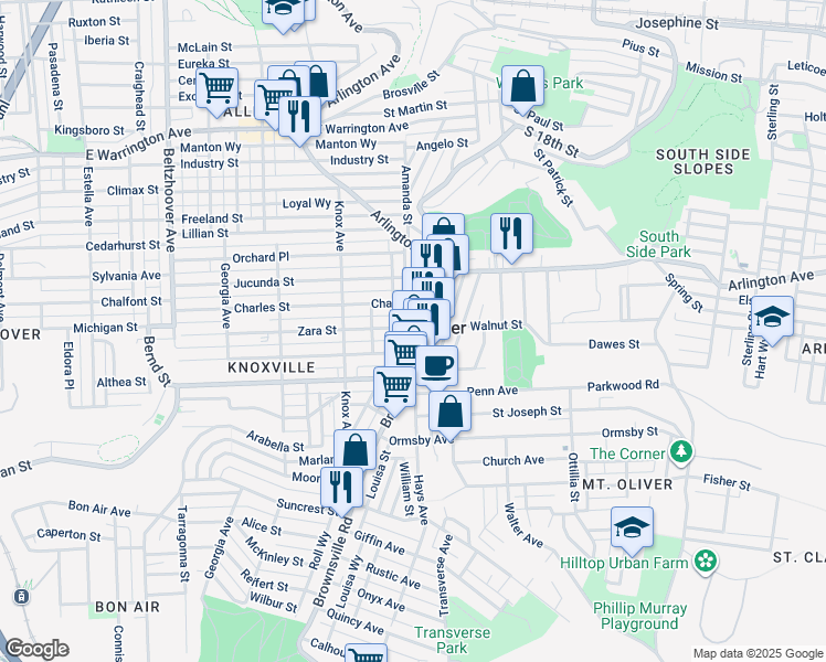 map of restaurants, bars, coffee shops, grocery stores, and more near in Mount Oliver