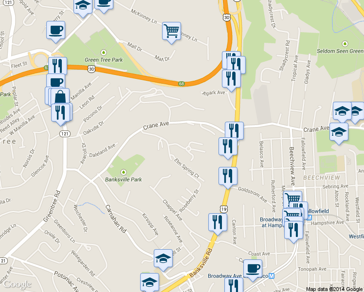 map of restaurants, bars, coffee shops, grocery stores, and more near 651 Oaklynn Ct in Allegheny