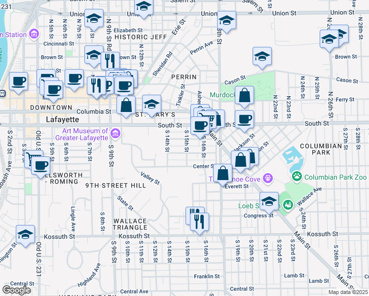 map of restaurants, bars, coffee shops, grocery stores, and more near 115 South 15th Street in Lafayette