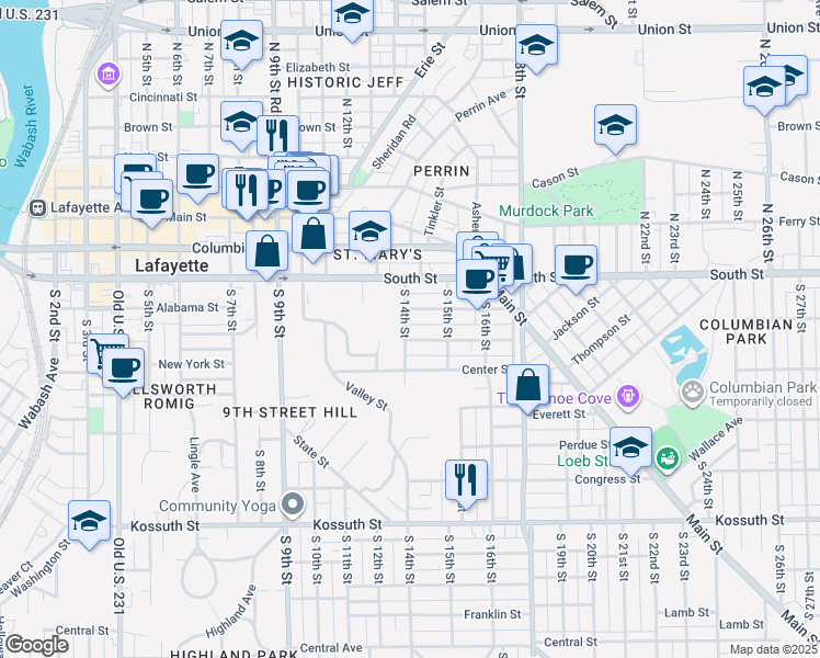 map of restaurants, bars, coffee shops, grocery stores, and more near 1401 Alabama Street in Lafayette