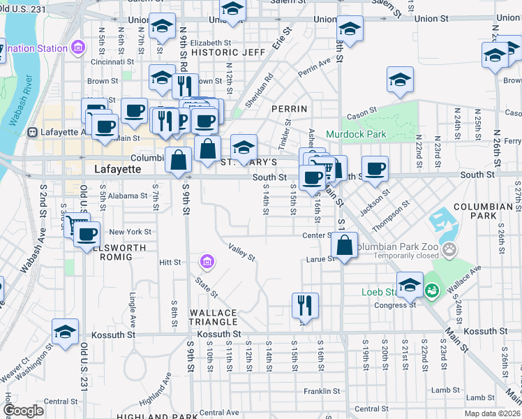 map of restaurants, bars, coffee shops, grocery stores, and more near 1401 Alabama Street in Lafayette