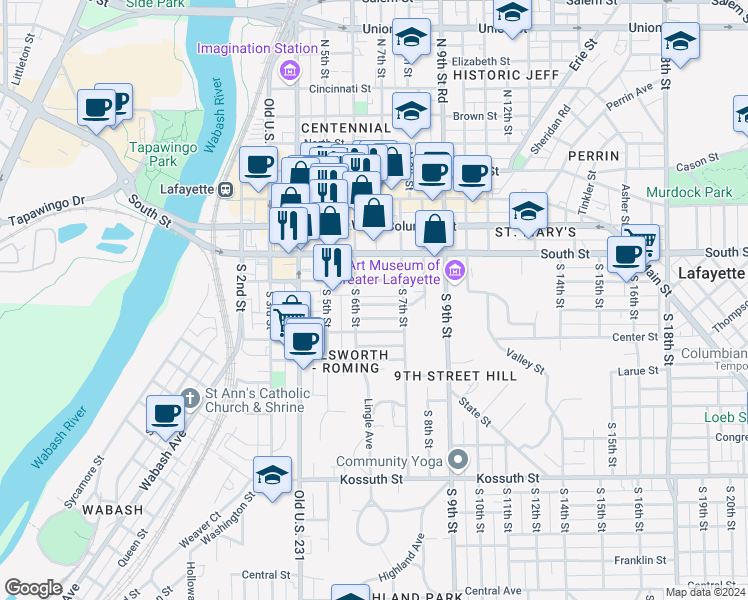 map of restaurants, bars, coffee shops, grocery stores, and more near 109 South 6th Street in Lafayette