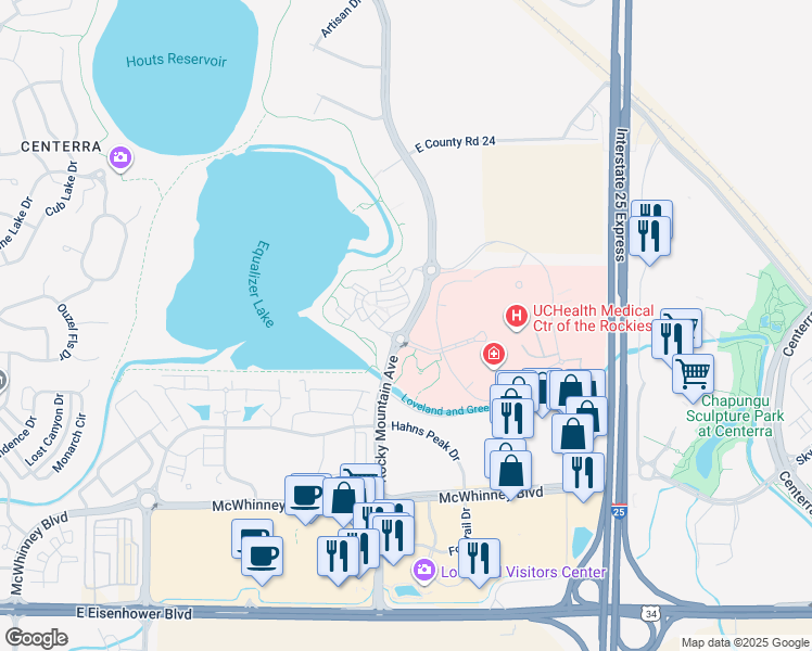 map of restaurants, bars, coffee shops, grocery stores, and more near 2415 Rocky Mountain Avenue in Loveland
