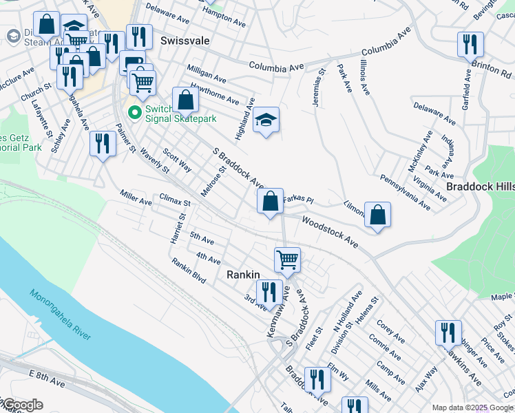 map of restaurants, bars, coffee shops, grocery stores, and more near 2523 Woodstock Avenue in Pittsburgh