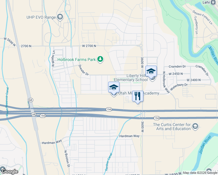 map of restaurants, bars, coffee shops, grocery stores, and more near 2338 North Penstemon Way in Lehi