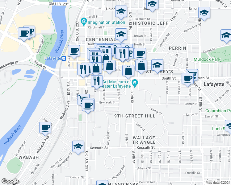 map of restaurants, bars, coffee shops, grocery stores, and more near 638 Oregon Street in Lafayette