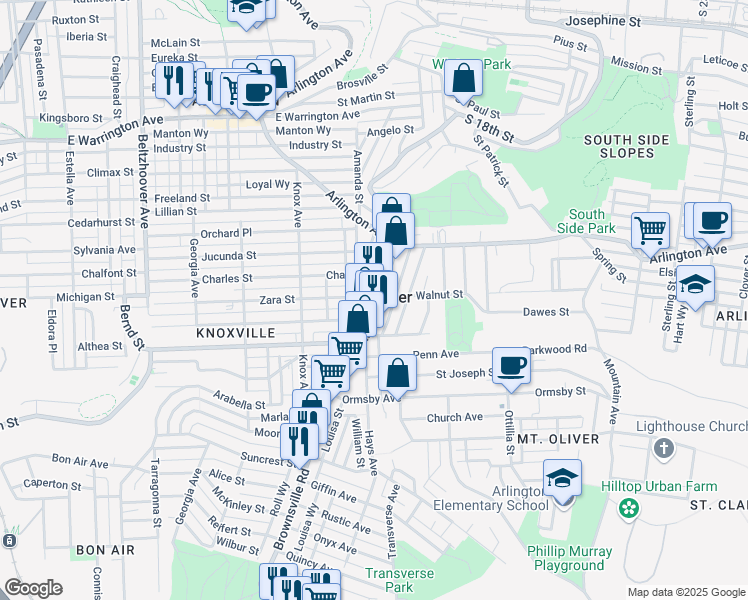 map of restaurants, bars, coffee shops, grocery stores, and more near in Mount Oliver