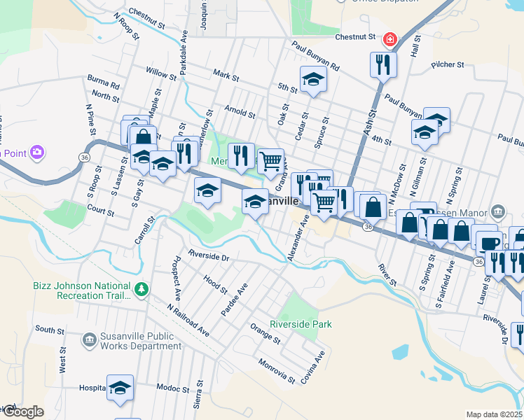 map of restaurants, bars, coffee shops, grocery stores, and more near 50 Foss Street in Susanville