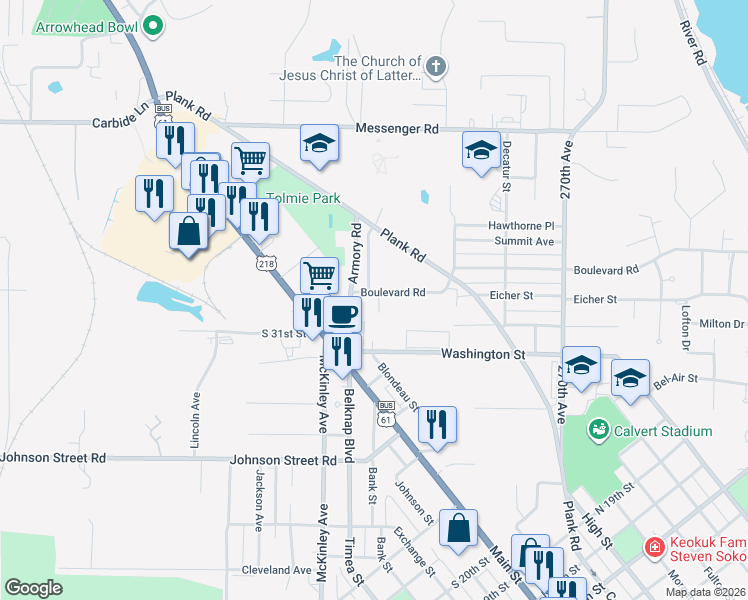 map of restaurants, bars, coffee shops, grocery stores, and more near 207 Boulevard Road in Keokuk