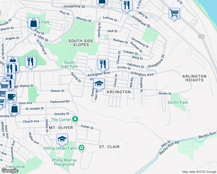 map of restaurants, bars, coffee shops, grocery stores, and more near 2416 Spring St in Pittsburgh