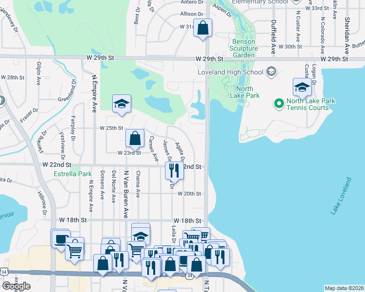 map of restaurants, bars, coffee shops, grocery stores, and more near 2318 Agate Drive in Loveland