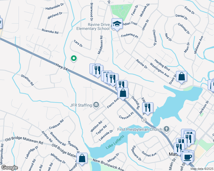 map of restaurants, bars, coffee shops, grocery stores, and more near 759 New Jersey 34 in Matawan
