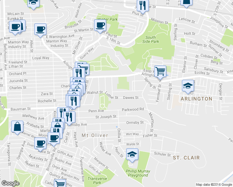 map of restaurants, bars, coffee shops, grocery stores, and more near 600 Walnut Street in Mount Oliver