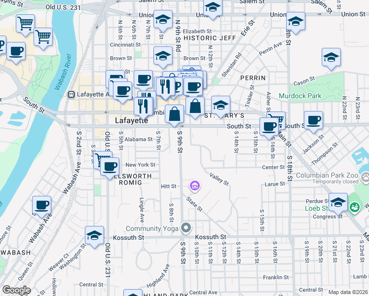 map of restaurants, bars, coffee shops, grocery stores, and more near 1001 Digby Drive in Lafayette