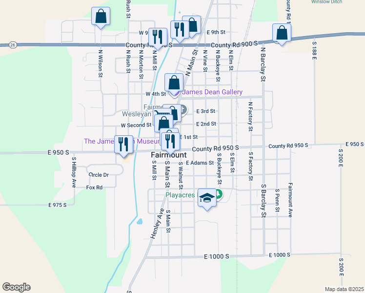map of restaurants, bars, coffee shops, grocery stores, and more near 203 East Washington Street in Fairmount