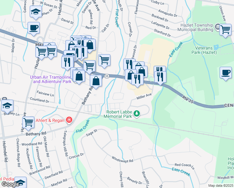 map of restaurants, bars, coffee shops, grocery stores, and more near 57 Village Court in Hazlet