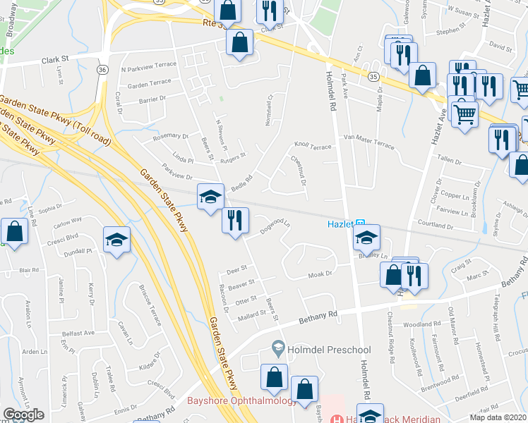 map of restaurants, bars, coffee shops, grocery stores, and more near 6 Beechwood Court in Hazlet