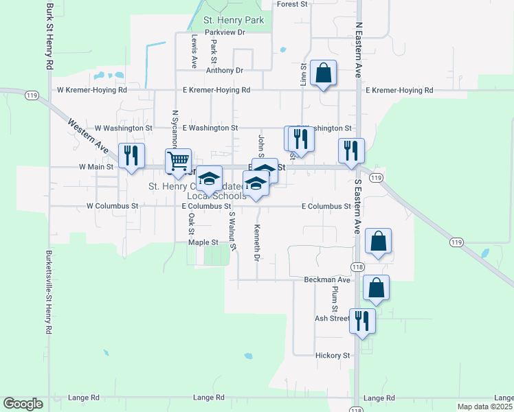 map of restaurants, bars, coffee shops, grocery stores, and more near 391 East Columbus Street in Saint Henry