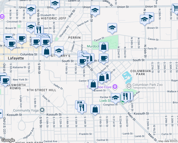 map of restaurants, bars, coffee shops, grocery stores, and more near 1712 Main Street in Lafayette