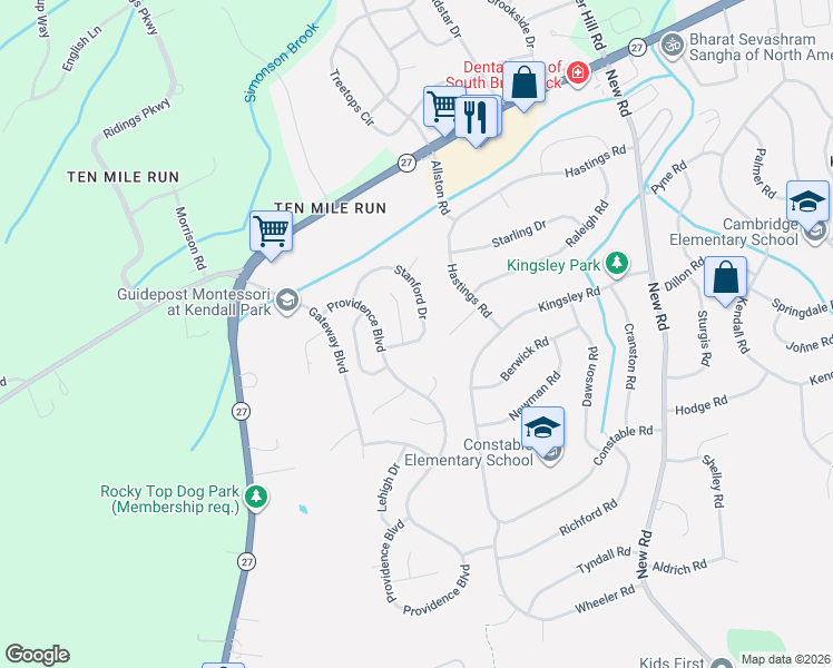 map of restaurants, bars, coffee shops, grocery stores, and more near 46 Stanford Drive in South Brunswick Township