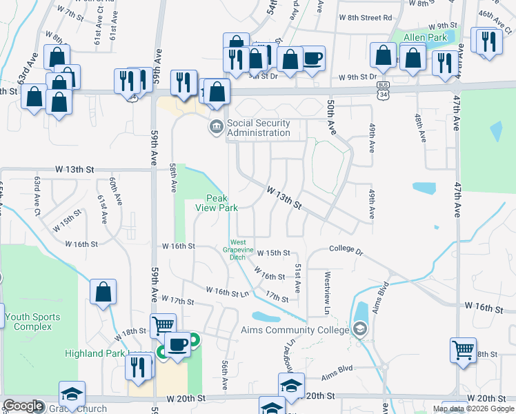 map of restaurants, bars, coffee shops, grocery stores, and more near 1328 52nd Avenue in Greeley