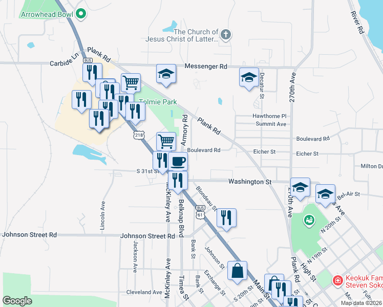 map of restaurants, bars, coffee shops, grocery stores, and more near 207 Boulevard Road in Keokuk
