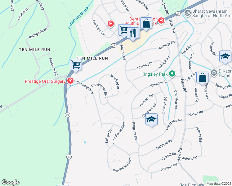 map of restaurants, bars, coffee shops, grocery stores, and more near 48 Stanford Drive in South Brunswick Township
