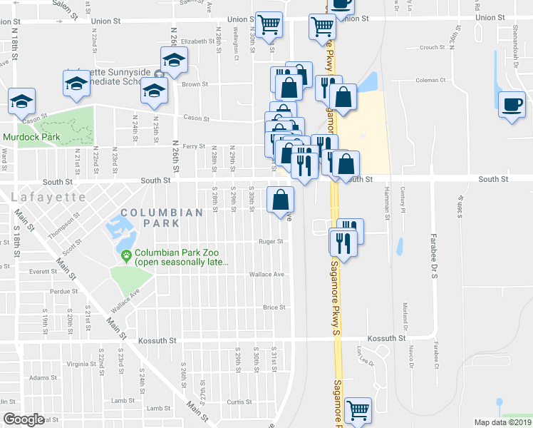 map of restaurants, bars, coffee shops, grocery stores, and more near 102 South 31st Street in Lafayette