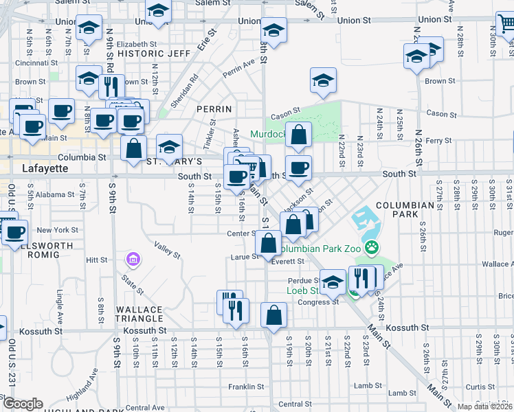 map of restaurants, bars, coffee shops, grocery stores, and more near 1712 Main Street in Lafayette
