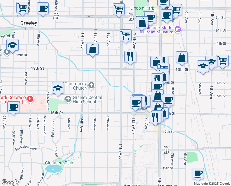 map of restaurants, bars, coffee shops, grocery stores, and more near 1115 15th Street in Greeley
