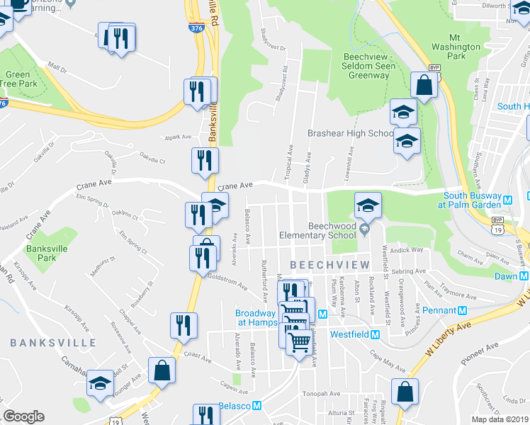 map of restaurants, bars, coffee shops, grocery stores, and more near 1307 Rutherford Avenue in Pittsburgh