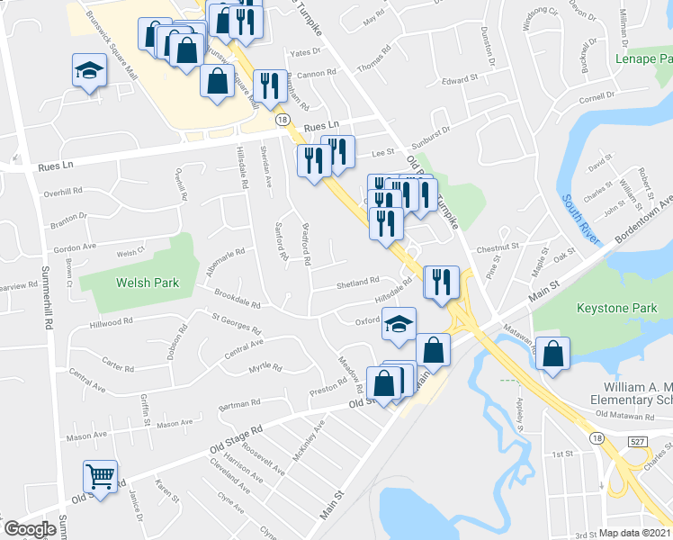 map of restaurants, bars, coffee shops, grocery stores, and more near 8 Clinton Court in East Brunswick