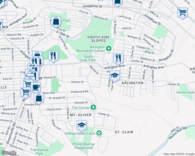 map of restaurants, bars, coffee shops, grocery stores, and more near 2120 Jonquil Street in Pittsburgh