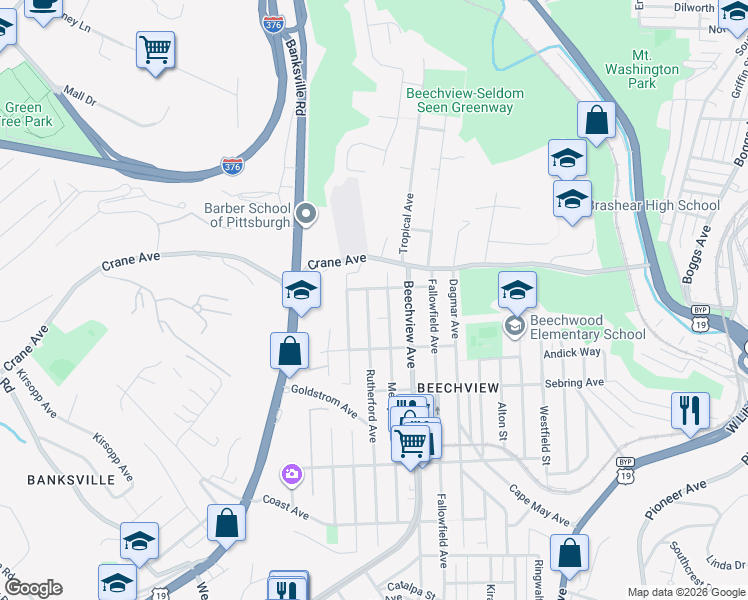 map of restaurants, bars, coffee shops, grocery stores, and more near 1307 Rutherford Avenue in Pittsburgh