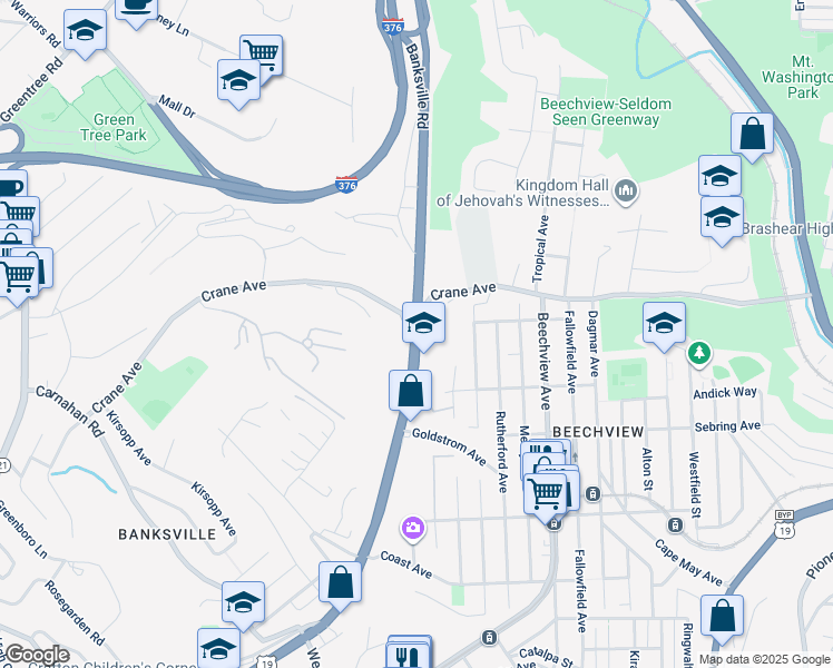 map of restaurants, bars, coffee shops, grocery stores, and more near 1299 Banksville Road in Pittsburgh
