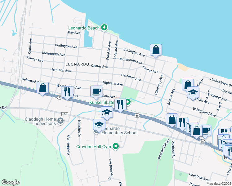 map of restaurants, bars, coffee shops, grocery stores, and more near 8 Washington Avenue in Leonardo