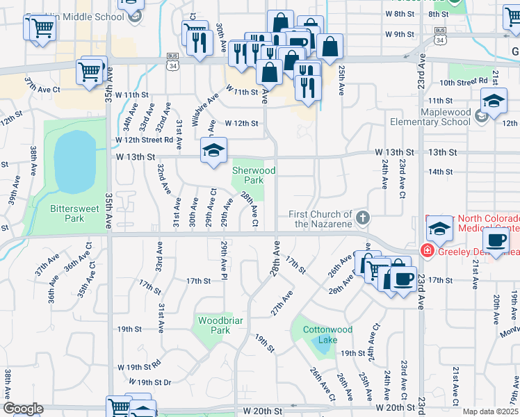 map of restaurants, bars, coffee shops, grocery stores, and more near 1508 28th Avenue Court in Greeley