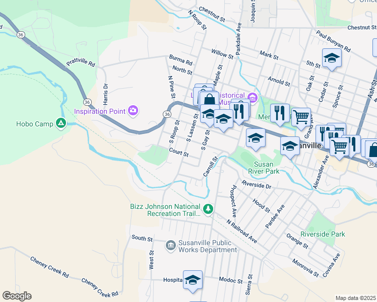 map of restaurants, bars, coffee shops, grocery stores, and more near 235 South Lassen Street in Susanville