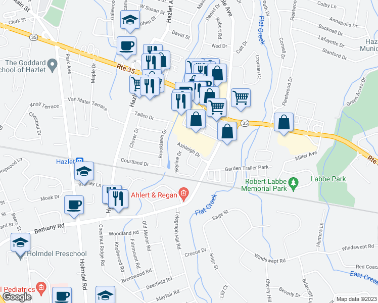 map of restaurants, bars, coffee shops, grocery stores, and more near 2 Devonshire Drive in Hazlet