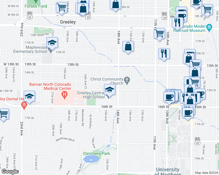 map of restaurants, bars, coffee shops, grocery stores, and more near 1423 15th Street in Greeley