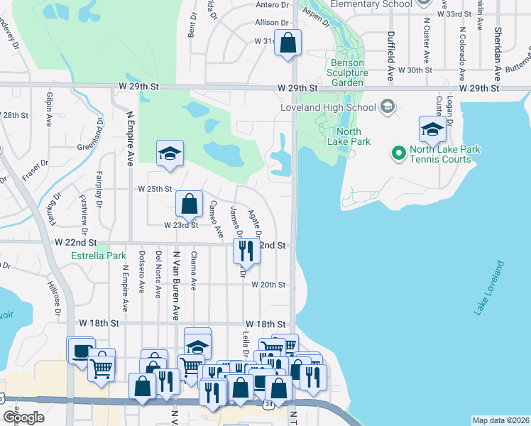 map of restaurants, bars, coffee shops, grocery stores, and more near 2318 Agate Drive in Loveland