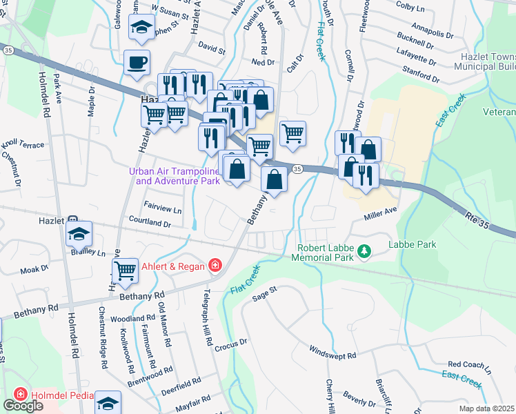 map of restaurants, bars, coffee shops, grocery stores, and more near 9 Bethany Road in Hazlet