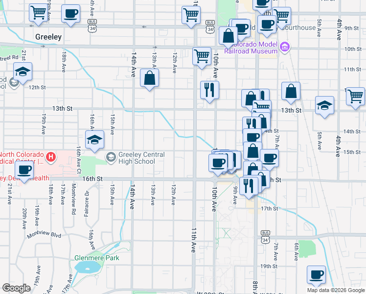 map of restaurants, bars, coffee shops, grocery stores, and more near 1115 15th Street in Greeley