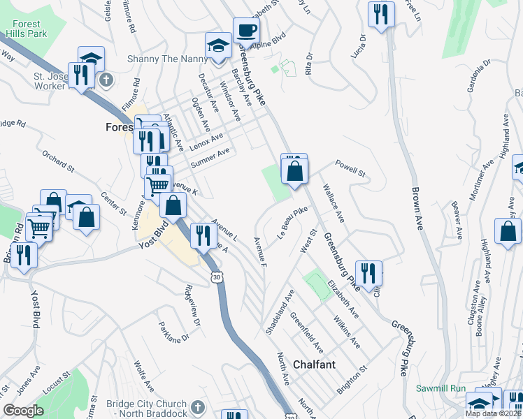map of restaurants, bars, coffee shops, grocery stores, and more near 367 Avenue F in Pittsburgh