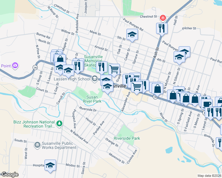 map of restaurants, bars, coffee shops, grocery stores, and more near 40 Foss Street in Susanville