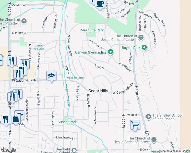 map of restaurants, bars, coffee shops, grocery stores, and more near 4198 North Sage Road East in Cedar Hills