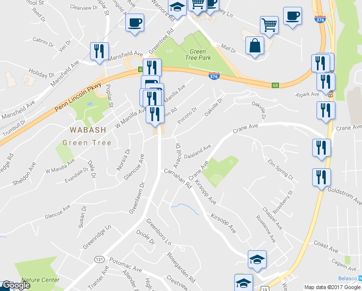 map of restaurants, bars, coffee shops, grocery stores, and more near 1003 Avacoll Drive in Pittsburgh