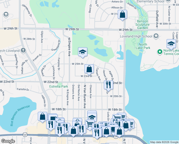 map of restaurants, bars, coffee shops, grocery stores, and more near 2310 North Van Buren Avenue in Loveland