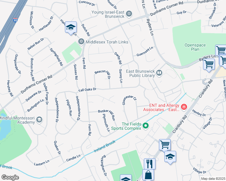 map of restaurants, bars, coffee shops, grocery stores, and more near 71 Tall Oaks Drive in East Brunswick
