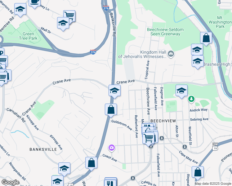 map of restaurants, bars, coffee shops, grocery stores, and more near 1299 Banksville Rd in Pittsburgh